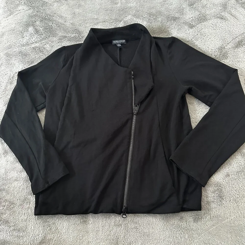Eileen Fisher Petite Small Black Tencel Moto Jacket PS *Flaw Stretch - Picture 1 of 7